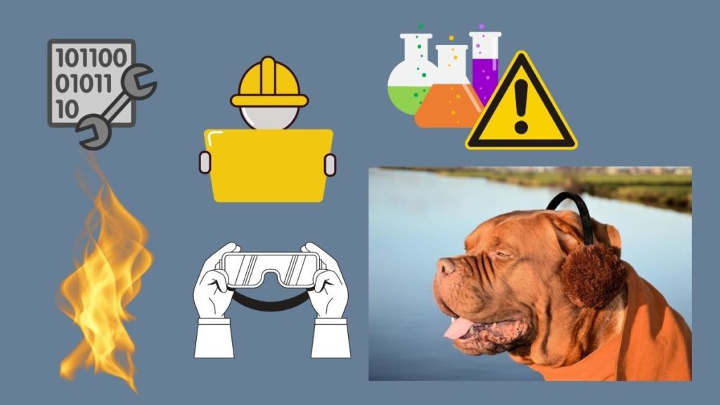Piirroskuvia: tuli, suojalasit, koodia, työntekijä lukemassa ohjeita, kemiallisia aineita ja kevenyksenä koira, jolla on korvalaput.